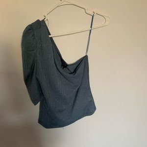 One shoulder blue puff sleeve blouse
